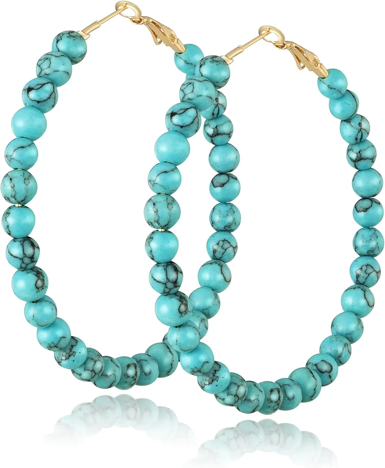 Boho Turquoise Hoop Earrings Beaded Western Turquoise Oval Drop Dangle Earrings for Women Vintage Statement Ethnic Hoop Earrings Jewelry Gift