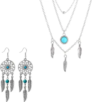 Boho Turquoise Necklace Earrings Set for Women Handmade Layered Boho Feather Tassel Necklace Delicate Vintage Turquoises Dangle Earrings Ethnic Style Festival Accessories Jewelry