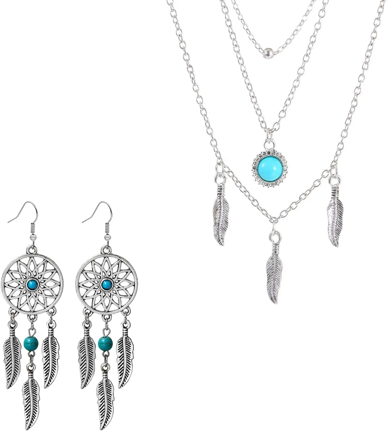 Boho Turquoise Necklace Earrings Set for Women Handmade Layered Boho Feather Tassel Necklace Delicate Vintage Turquoises Dangle Earrings Ethnic Style Festival Accessories Jewelry