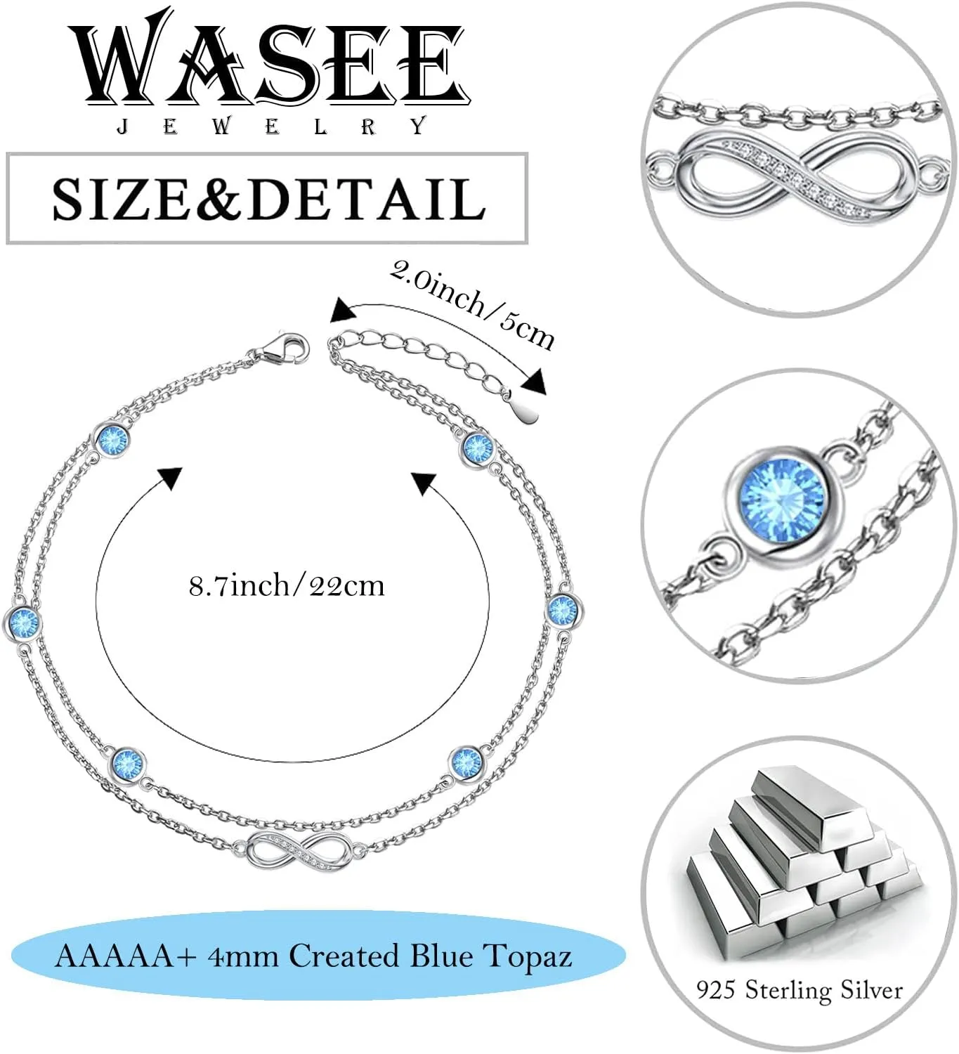 Bracelet/Anklet for Women 925 Sterling Silver Birthstone Bracelet Birthday Adjustable Anklets Jewelry Gifts for Women