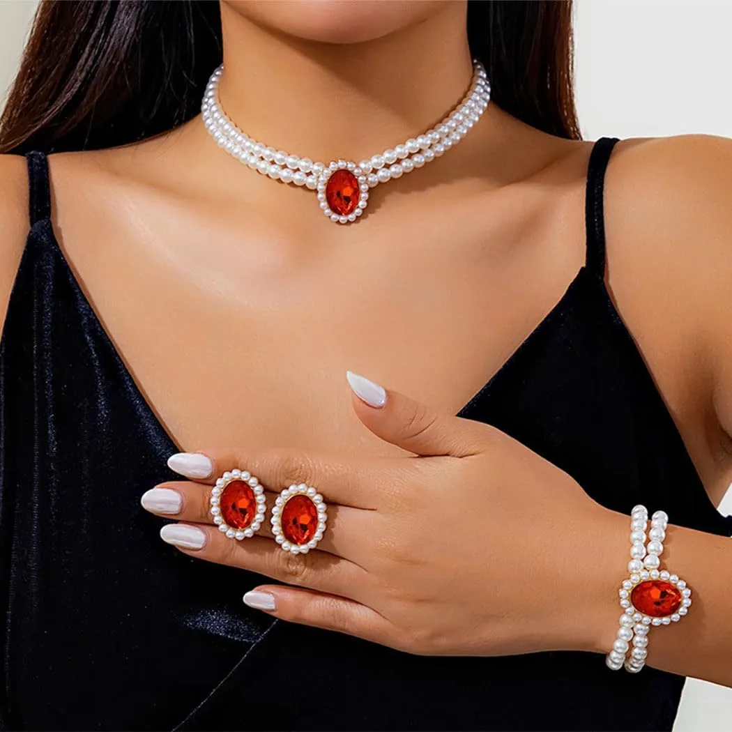 Brishow Pearl Necklace Jewelry Set Wedding Pearls Earrings Necklaces Set Bridal Crystal Bracelet Jewelry for Women (Pack of 3)