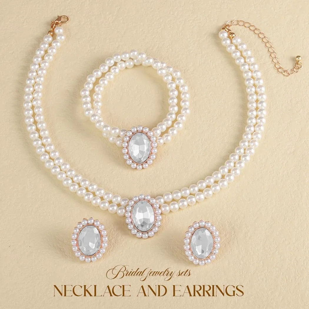 Brishow Pearl Necklace Jewelry Set Wedding Pearls Earrings Necklaces Set Bridal Crystal Bracelet Jewelry for Women (Pack of 3)