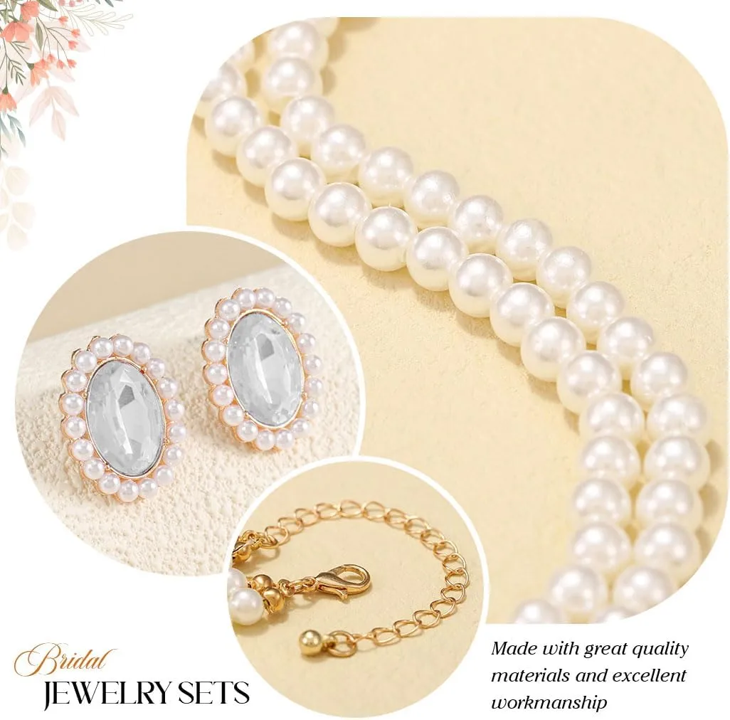 Brishow Pearl Necklace Jewelry Set Wedding Pearls Earrings Necklaces Set Bridal Crystal Bracelet Jewelry for Women (Pack of 3)