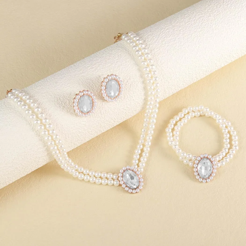 Brishow Pearl Necklace Jewelry Set Wedding Pearls Earrings Necklaces Set Bridal Crystal Bracelet Jewelry for Women (Pack of 3)