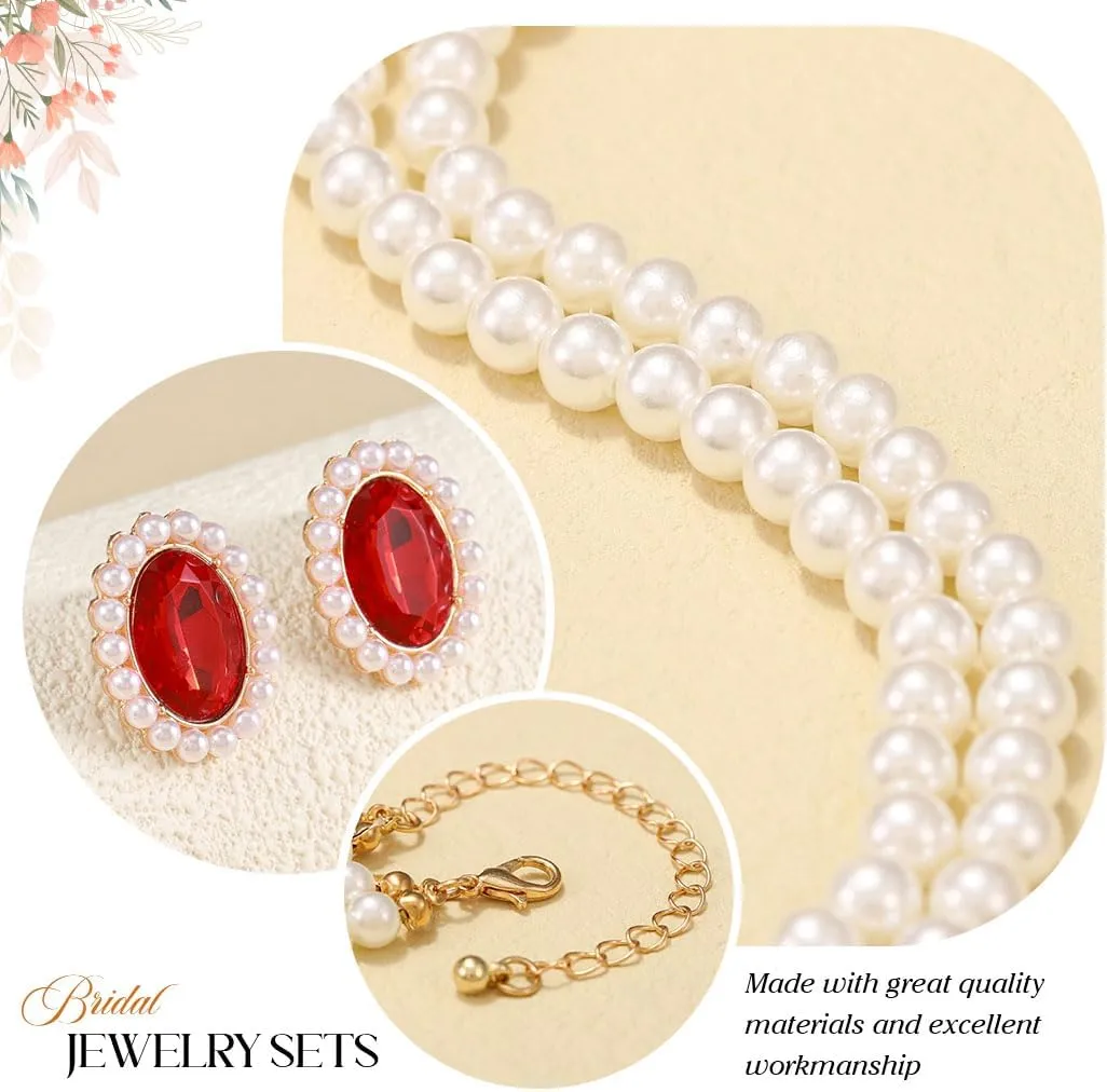 Brishow Pearl Necklace Jewelry Set Wedding Pearls Earrings Necklaces Set Bridal Crystal Bracelet Jewelry for Women (Pack of 3)