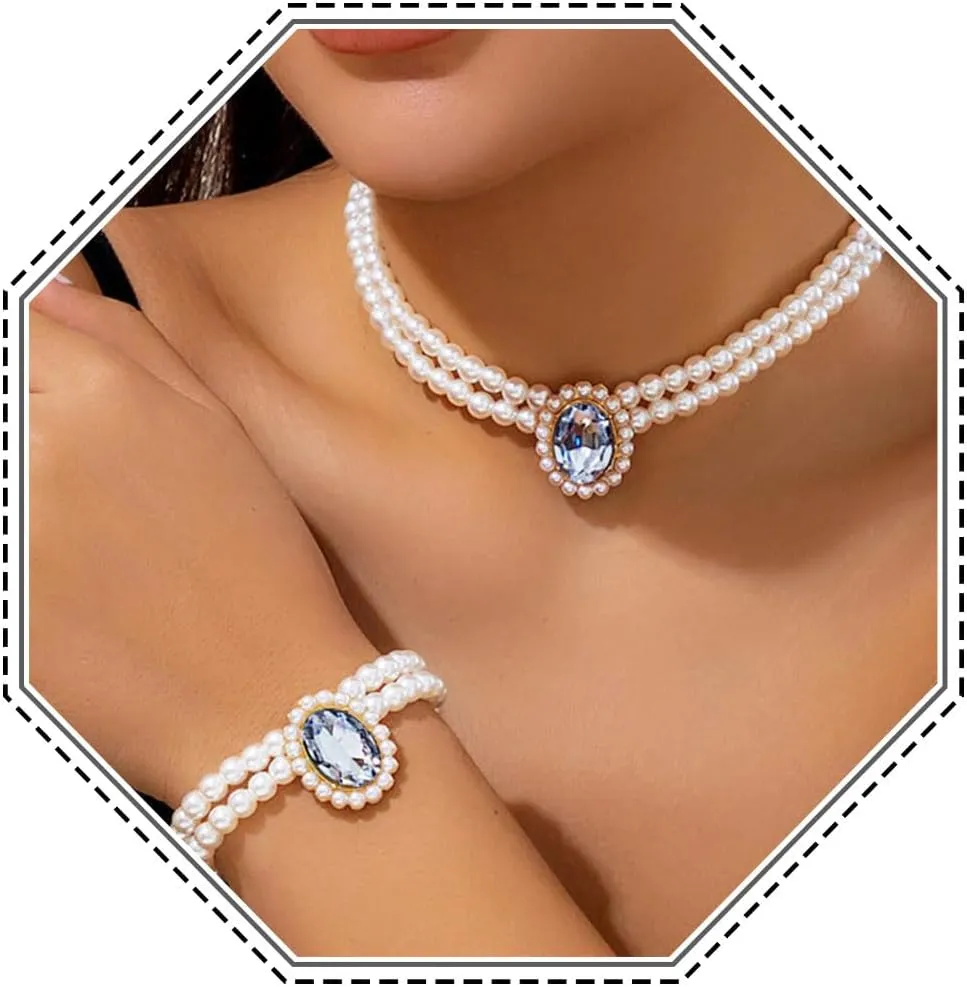 Brishow Pearl Necklace Jewelry Set Wedding Pearls Earrings Necklaces Set Bridal Crystal Bracelet Jewelry for Women (Pack of 3)
