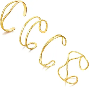 BROCC 4PCS 14K Gold Plated Stackable Cuff Bracelets Set for Women Adjustable Open Cuff Bangle Bracelet Hammered Wrist Thin Minimalist Gold Cuff Bracelets