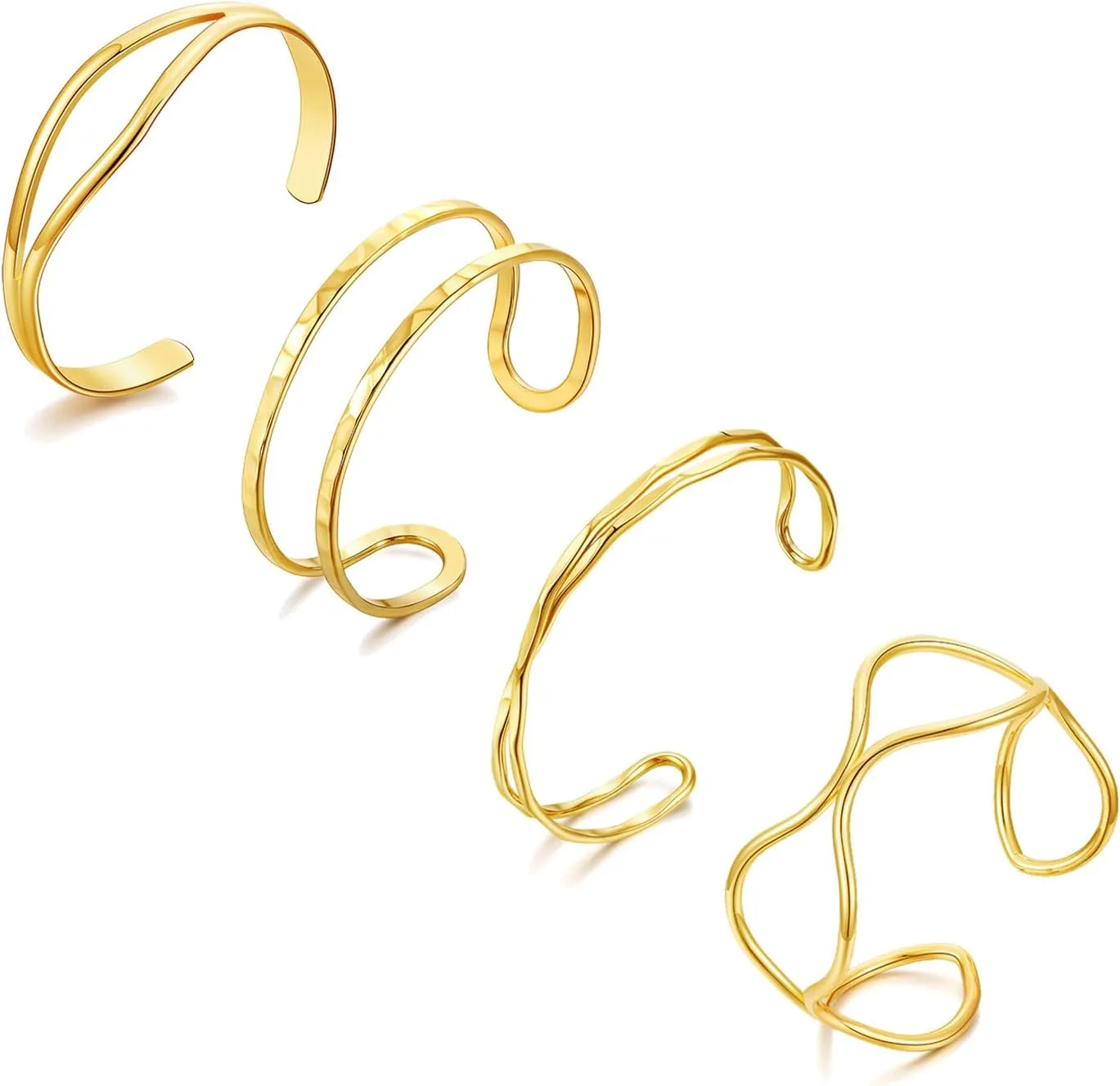 BROCC 4PCS 14K Gold Plated Stackable Cuff Bracelets Set for Women Adjustable Open Cuff Bangle Bracelet Hammered Wrist Thin Minimalist Gold Cuff Bracelets
