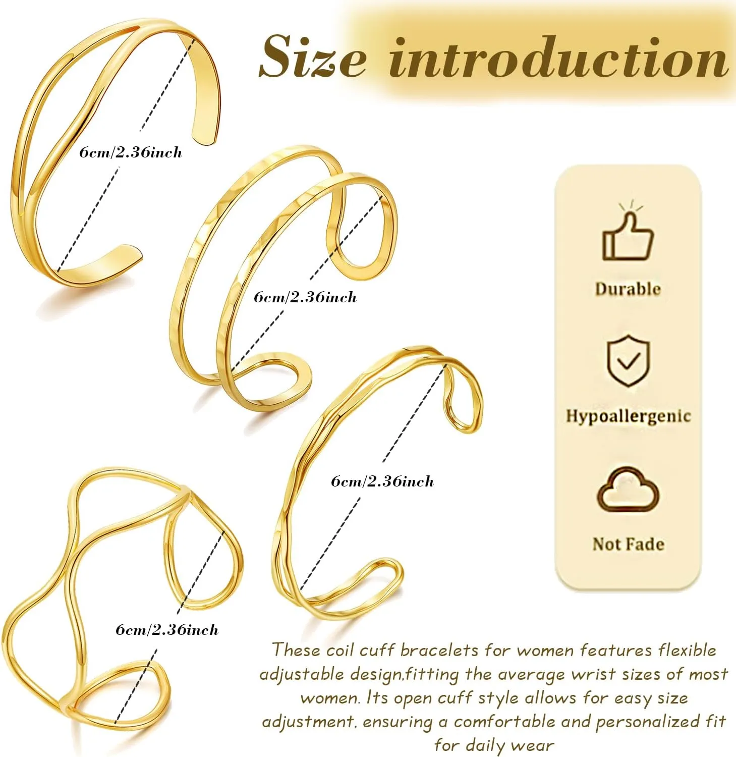 BROCC 4PCS 14K Gold Plated Stackable Cuff Bracelets Set for Women Adjustable Open Cuff Bangle Bracelet Hammered Wrist Thin Minimalist Gold Cuff Bracelets