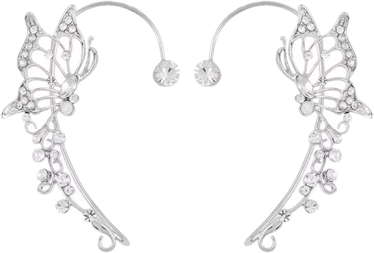 Butterfly Tassel Style Zircon Earrings, Charm Non Piercing Flower Tassel Ear Clips, Wrap Around Ear Cuff, Long Chain Gold Silver Crystals Studs Earrings Set for Women
