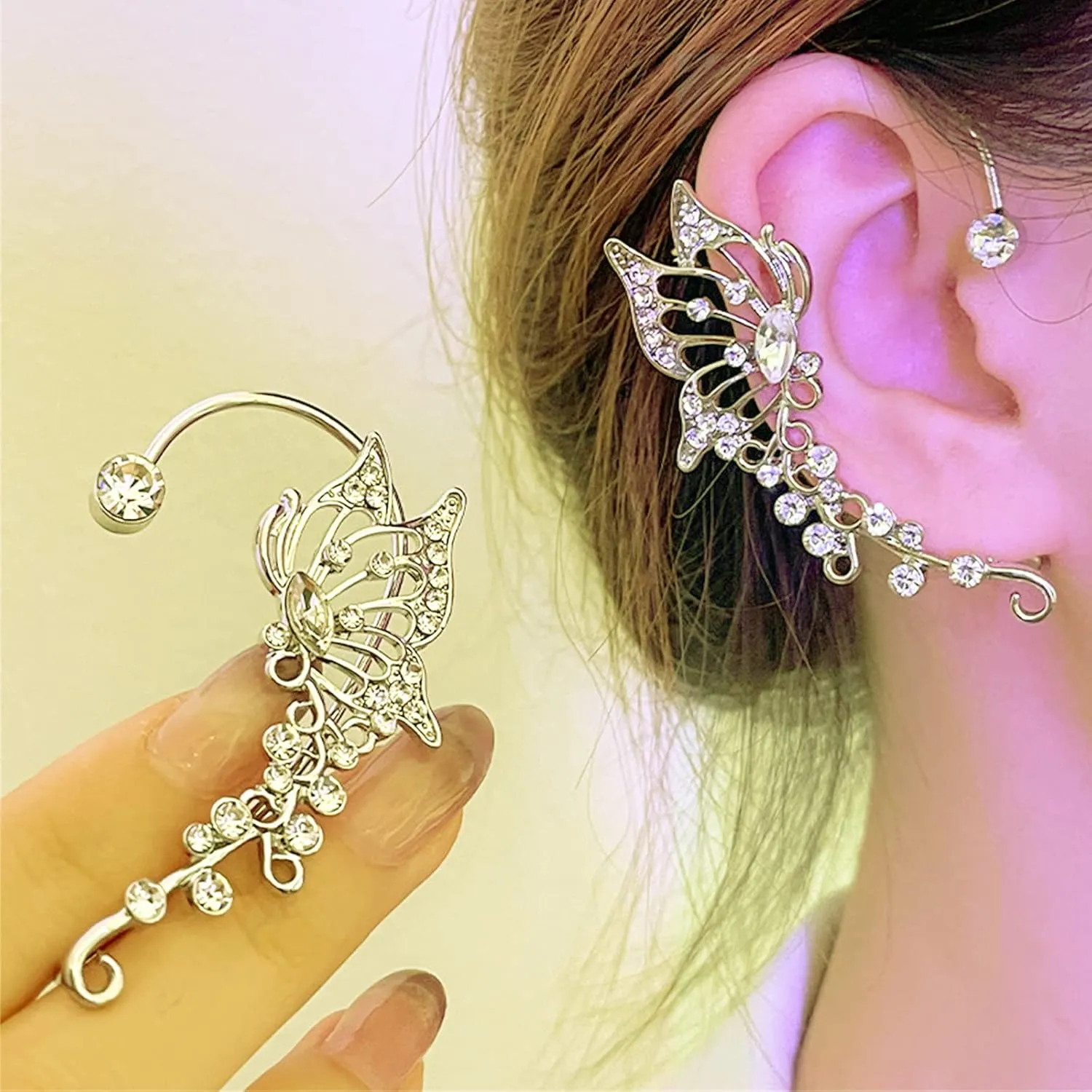 Butterfly Tassel Style Zircon Earrings, Charm Non Piercing Flower Tassel Ear Clips, Wrap Around Ear Cuff, Long Chain Gold Silver Crystals Studs Earrings Set for Women