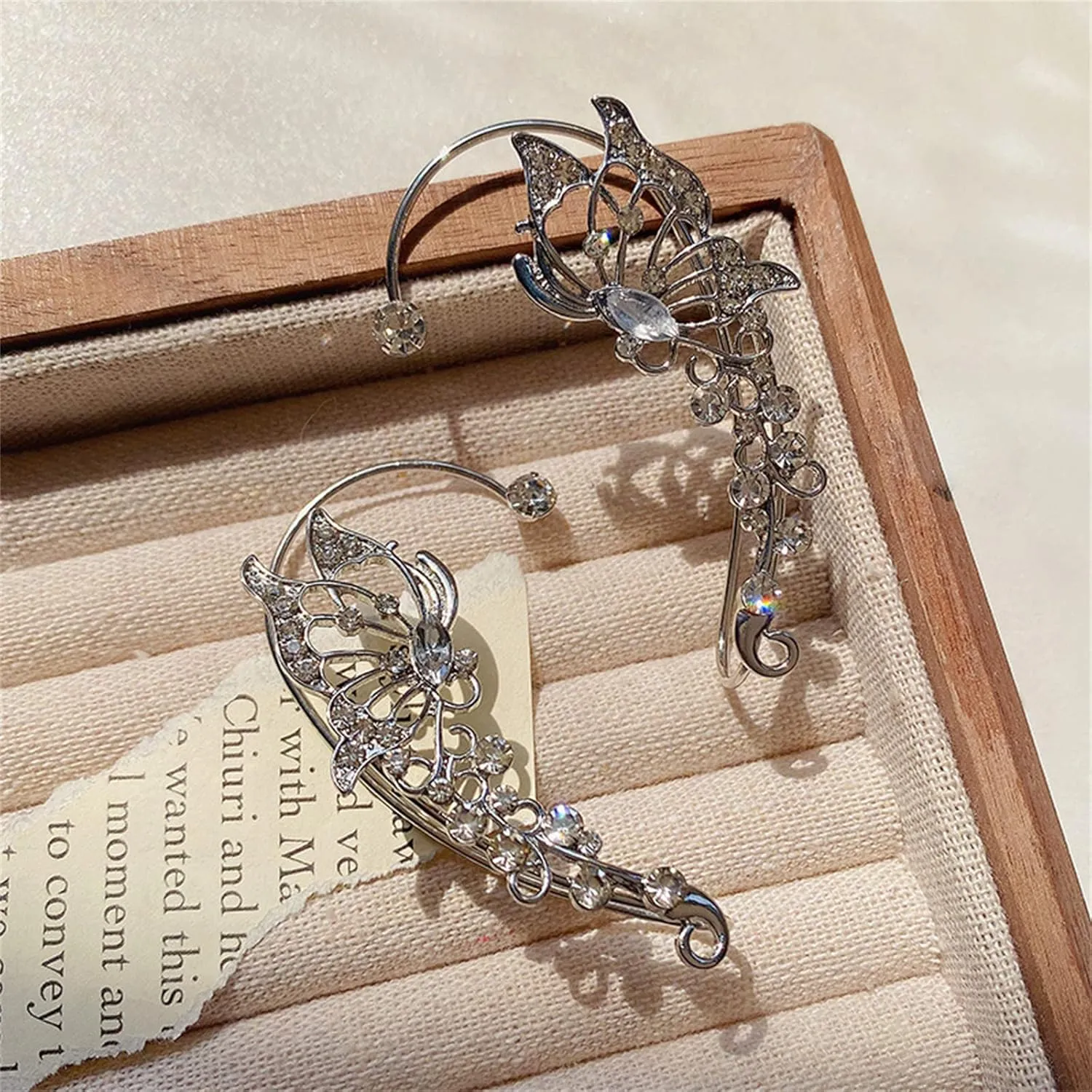 Butterfly Tassel Style Zircon Earrings, Charm Non Piercing Flower Tassel Ear Clips, Wrap Around Ear Cuff, Long Chain Gold Silver Crystals Studs Earrings Set for Women