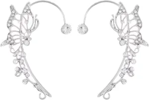 Butterfly Tassel Style Zircon Earrings, Charm Non Piercing Flower Tassel Ear Clips, Wrap Around Ear Cuff, Long Chain Gold Silver Crystals Studs Earrings Set for Women