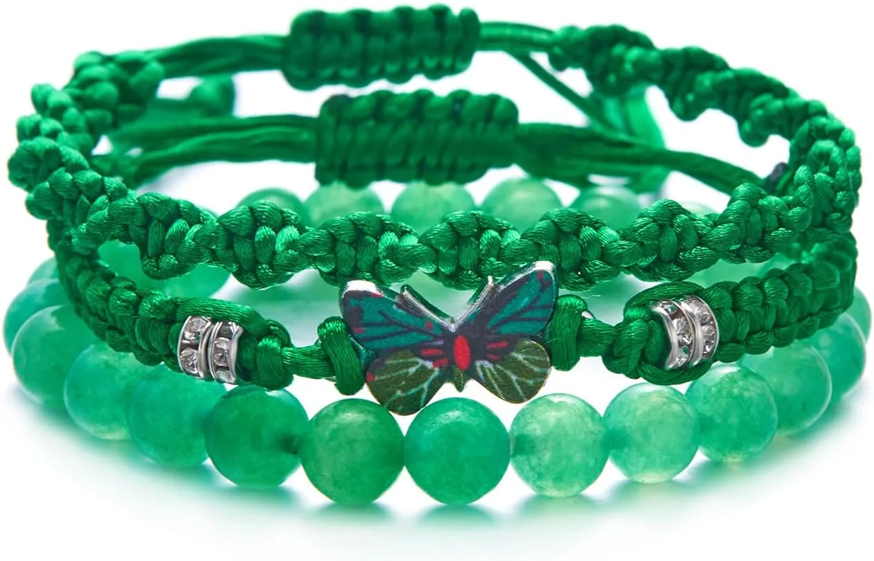 Caiyao 3Pcs Bohemia Colorful Butterfly Charm Bracelets Set Handmade Stackable Butterfly Amimals Braided 8mm Beaded Stretch Bracelets Multilayer Beach Anklets for Women Summer Beach Jewelry Gifts