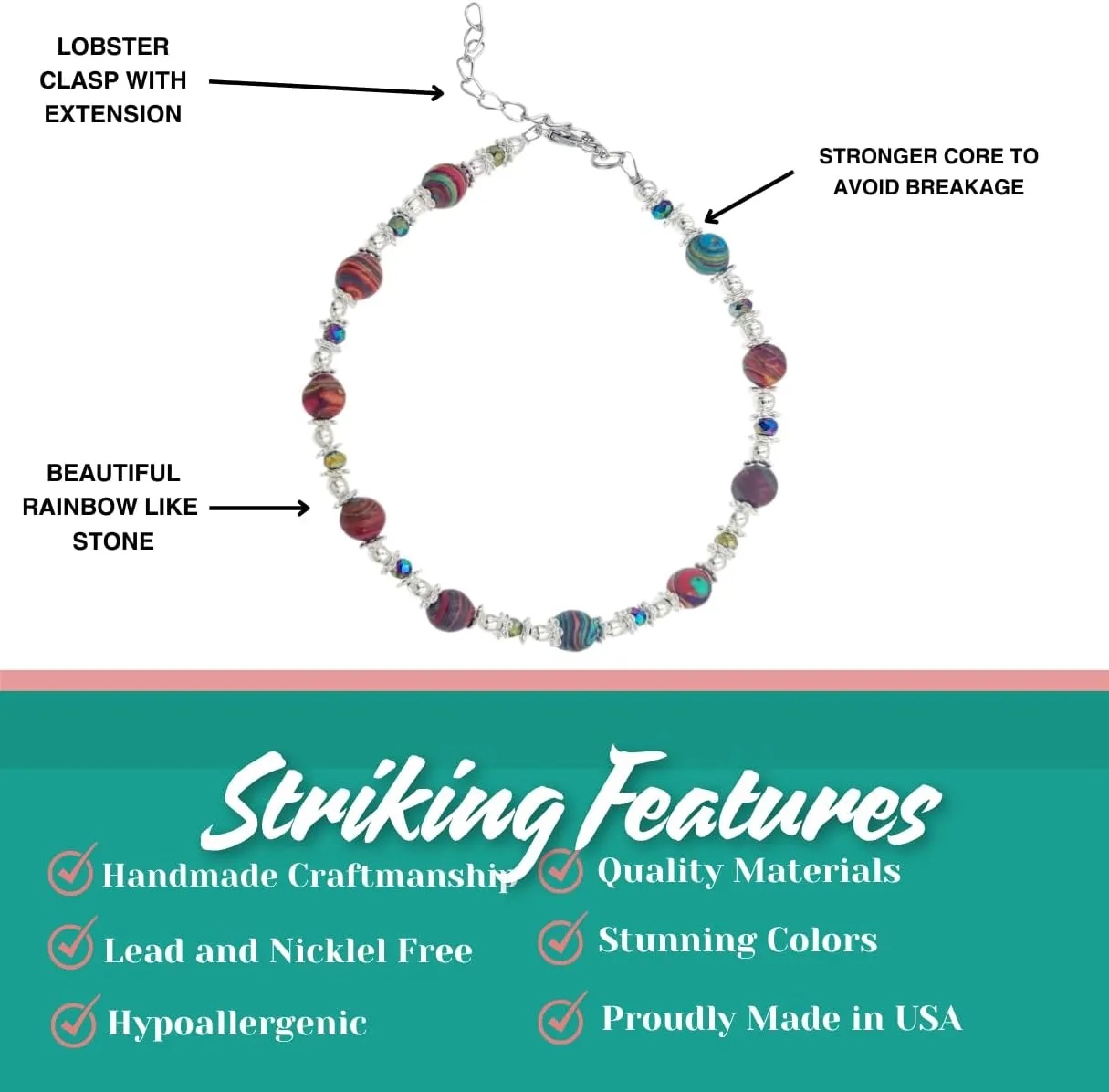 Calsilica and Lava Turtle, Dragonfly, Butterfly, Flower, and Tree Charm Anklet for Women Handmade Hypoallergenic Beach Gala Wedding Style Jewelry