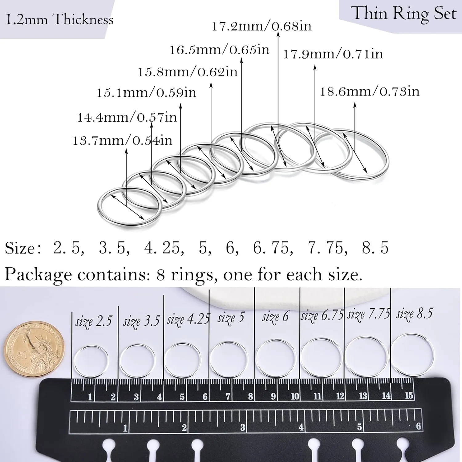 CANDYFANCY 925 Sterling Silver 1.2mm Stacked Midi Thin Rings for Women Knuckle Ring Band Stacking Ring Set Size 2.5-8.5