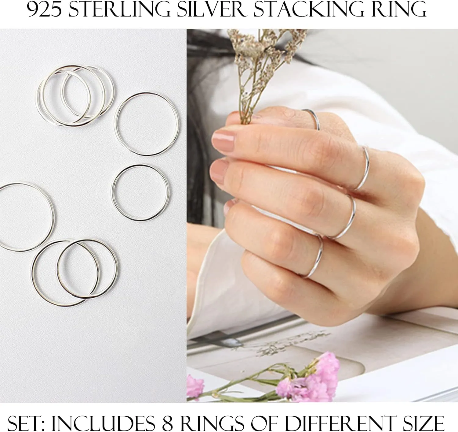 CANDYFANCY 925 Sterling Silver 1.2mm Stacked Midi Thin Rings for Women Knuckle Ring Band Stacking Ring Set Size 2.5-8.5
