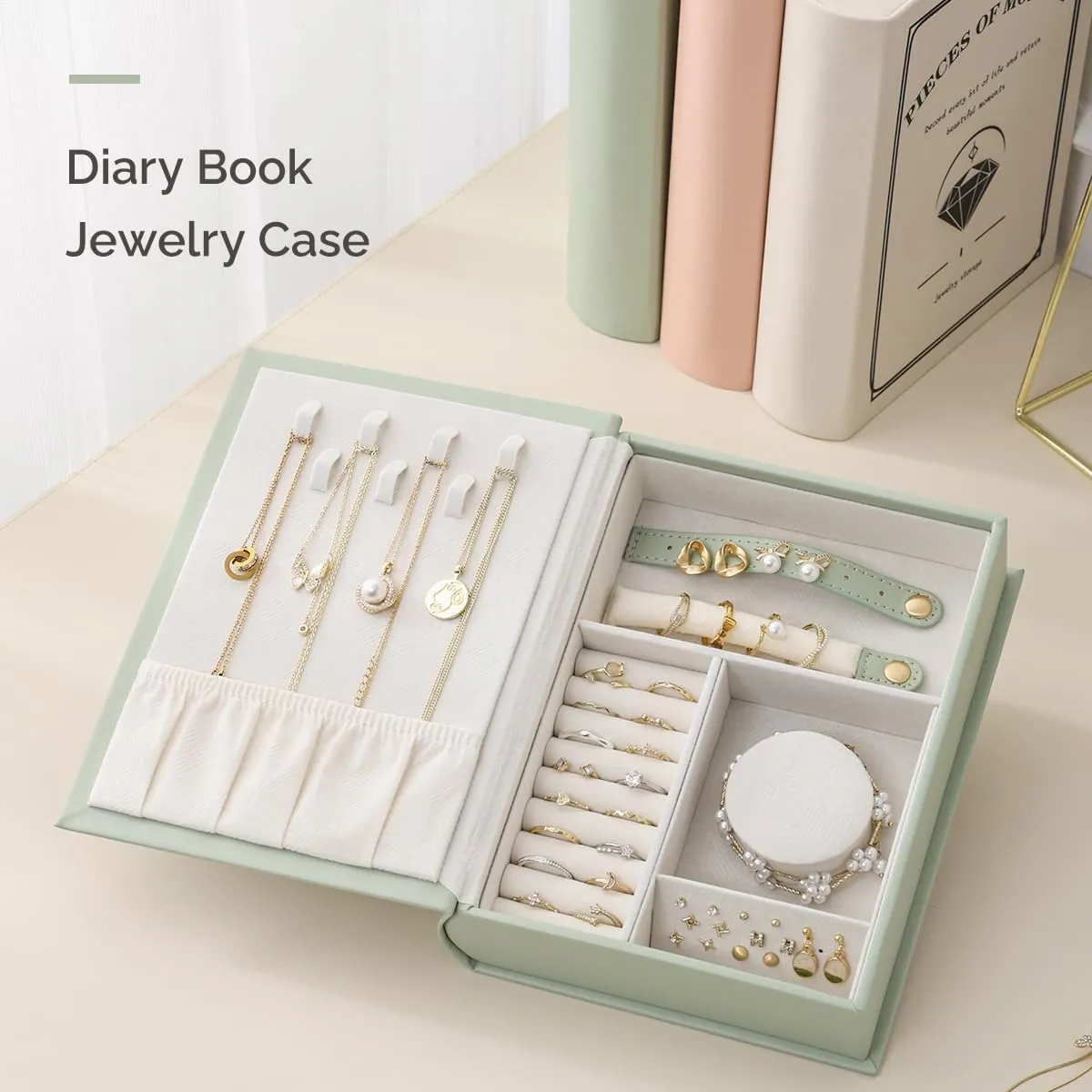 CASEGRACE Book Jewelry Box Organizer PU Leather Diary Jewelry Box Magic Book Design for Earrings Bracelet Necklace Rings Storage for Women Girls,light green