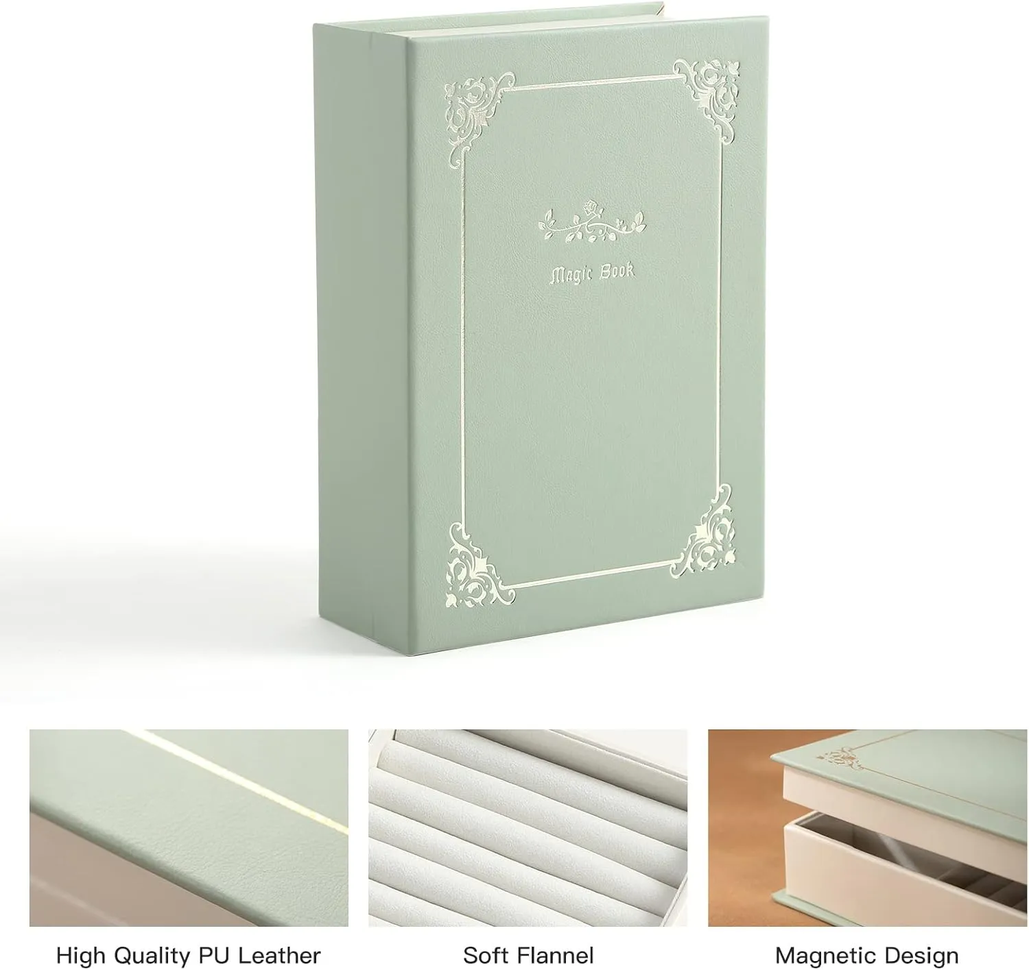 CASEGRACE Jewelry Box Organizer PU Leather Diary Jewelry Box Magic Book Design for Earrings Bracelet Necklace Rings Storage for Women Girls, Green