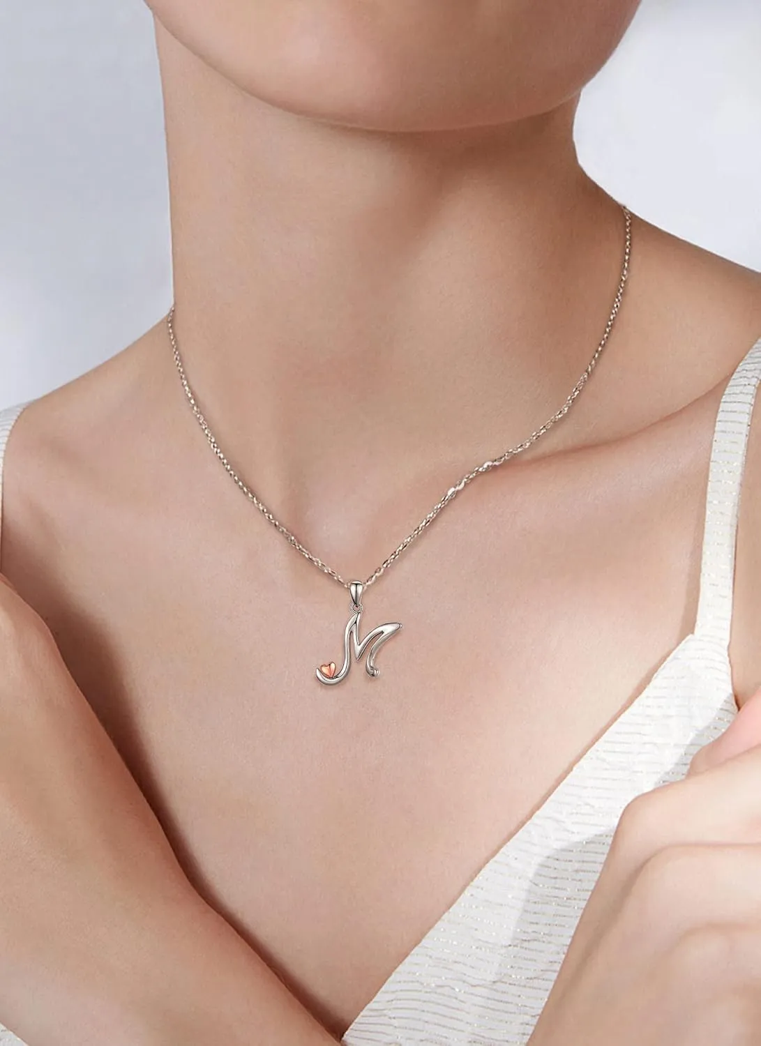 CELESTIA 925 Sterling Silver Initial Necklaces 26 Letter with Rose Gold Heart - 18 Inch Chain