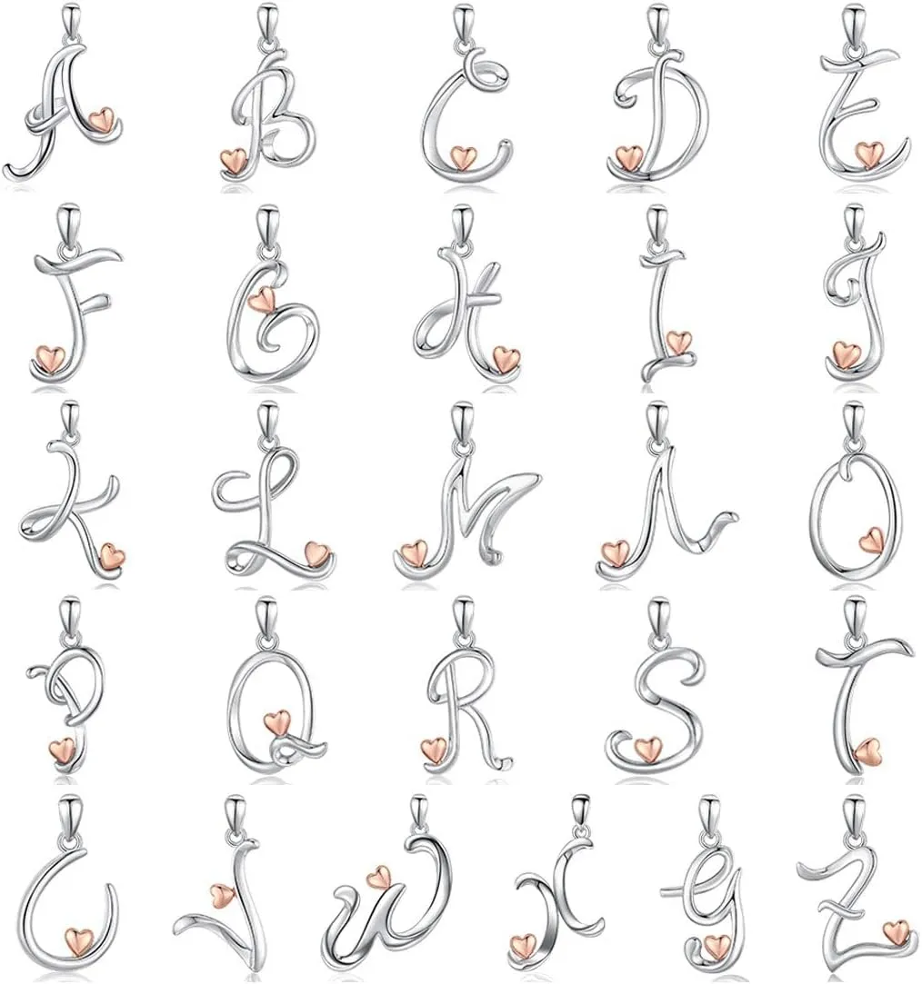 CELESTIA 925 Sterling Silver Initial Necklaces 26 Letter with Rose Gold Heart - 18 Inch Chain