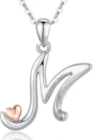 CELESTIA 925 Sterling Silver Initial Necklaces 26 Letter with Rose Gold Heart - 18 Inch Chain
