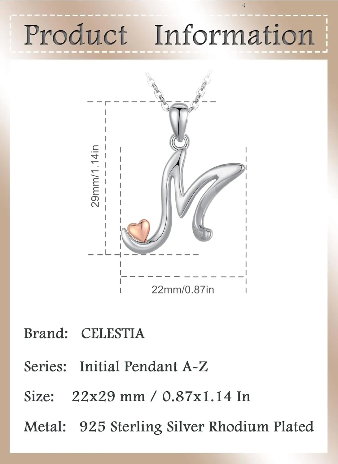CELESTIA 925 Sterling Silver Initial Necklaces 26 Letter with Rose Gold Heart - 18 Inch Chain