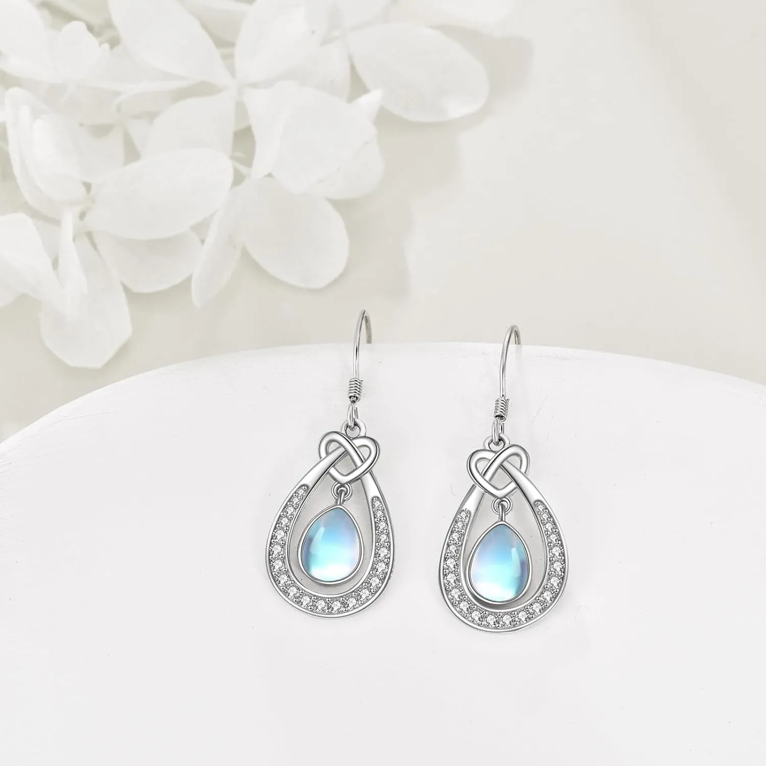 Celtic Moonstone Earrings for Women 925 Sterling Silver Trinity Knot Moonstone Dangle Leverback Earrings Jewelry Gift