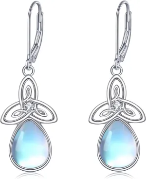 Celtic Moonstone Earrings for Women 925 Sterling Silver Trinity Knot Moonstone Dangle Leverback Earrings Jewelry Gift