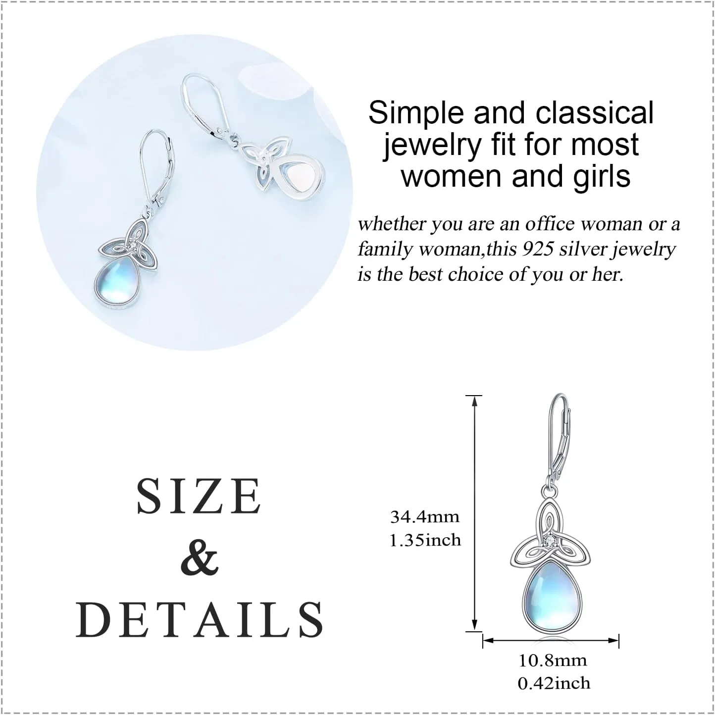 Celtic Moonstone Earrings for Women 925 Sterling Silver Trinity Knot Moonstone Dangle Leverback Earrings Jewelry Gift