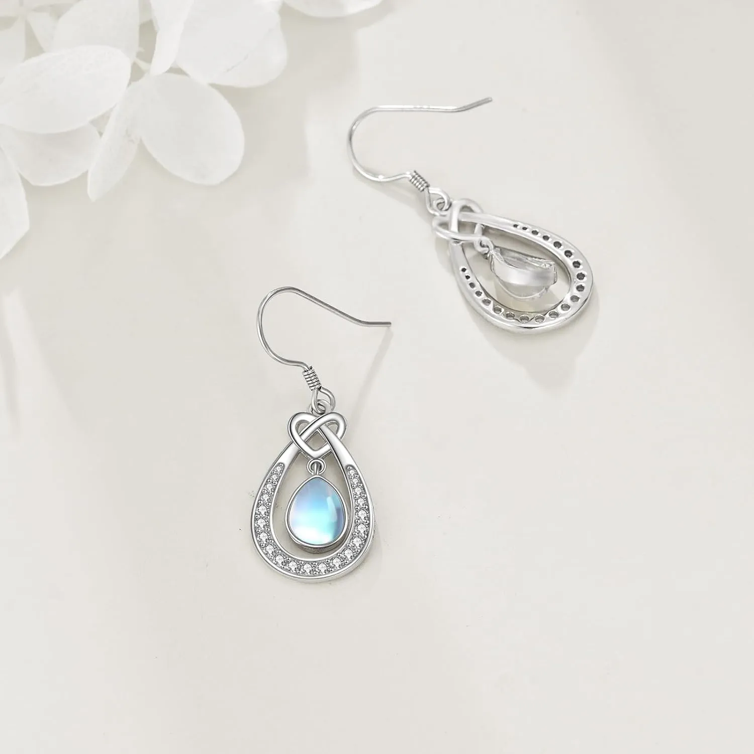 Celtic Moonstone Earrings for Women 925 Sterling Silver Trinity Knot Moonstone Dangle Leverback Earrings Jewelry Gift