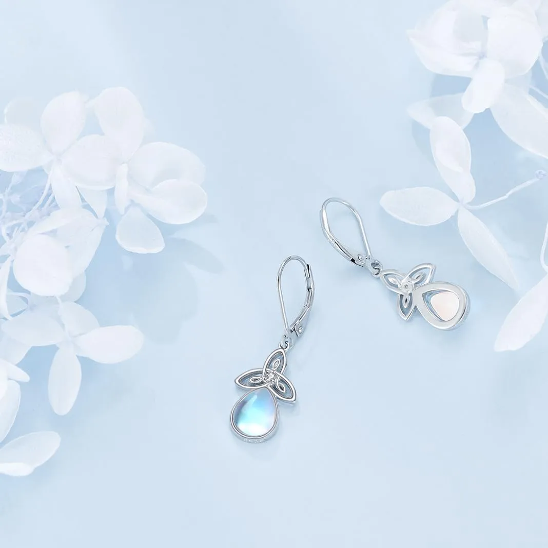 Celtic Moonstone Earrings for Women 925 Sterling Silver Trinity Knot Moonstone Dangle Leverback Earrings Jewelry Gift