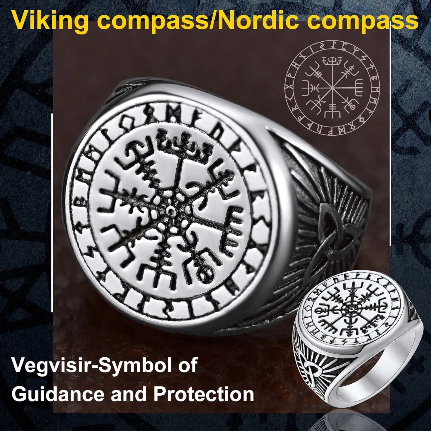 ChainsProMax Solid Viking Celtic/Nautical Compass/Thor's Hammer Ring, Can Engrave, Size#07-#14 Norse Rune Spirit Rings, Stainless Steel/Black-Send Gift Box