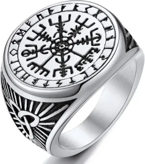 ChainsProMax Solid Viking Celtic/Nautical Compass/Thor's Hammer Ring, Can Engrave, Size#07-#14 Norse Rune Spirit Rings, Stainless Steel/Black-Send Gift Box