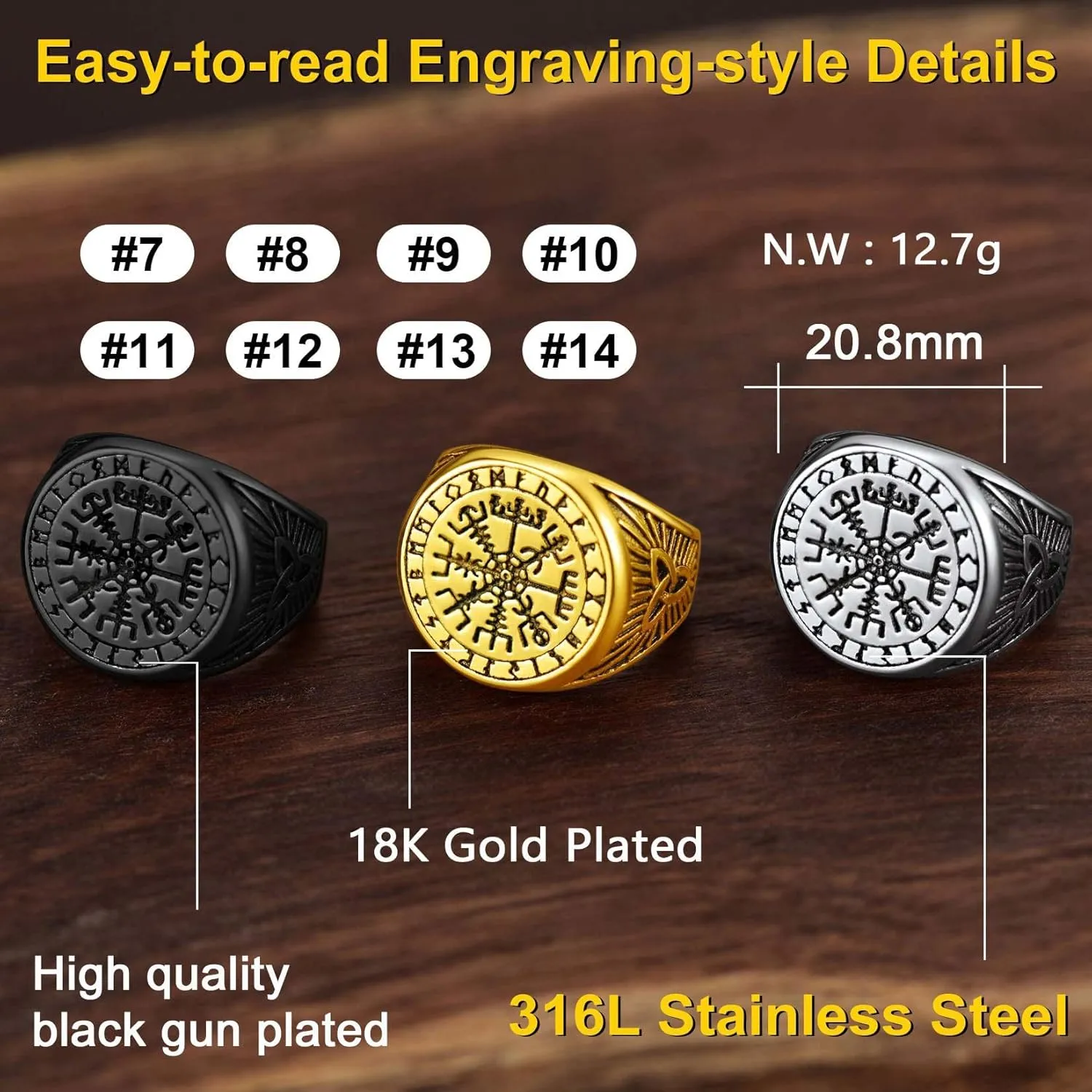 ChainsProMax Solid Viking Celtic/Nautical Compass/Thor's Hammer Ring, Can Engrave, Size#07-#14 Norse Rune Spirit Rings, Stainless Steel/Black-Send Gift Box