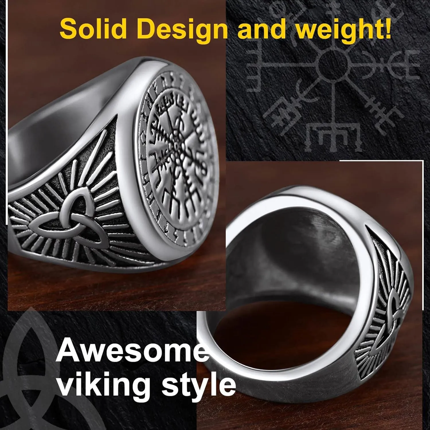 ChainsProMax Solid Viking Celtic/Nautical Compass/Thor's Hammer Ring, Can Engrave, Size#07-#14 Norse Rune Spirit Rings, Stainless Steel/Black-Send Gift Box