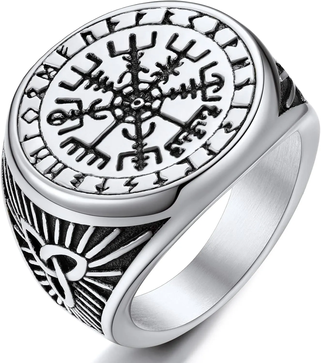 ChainsProMax Solid Viking Celtic/Nautical Compass/Thor's Hammer Ring, Can Engrave, Size#07-#14 Norse Rune Spirit Rings, Stainless Steel/Black-Send Gift Box