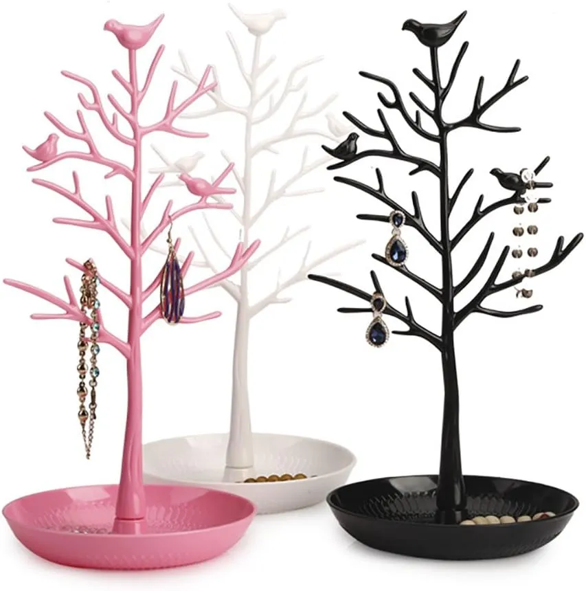 ChezAbbey Jewelry Stand Necklace Tree - Earring Organizer Holder Plastic Birds Tree Display with Tray Antique Bracelet Rings Rack Tower Decoration for Women Girl Pink 11.8 Inch