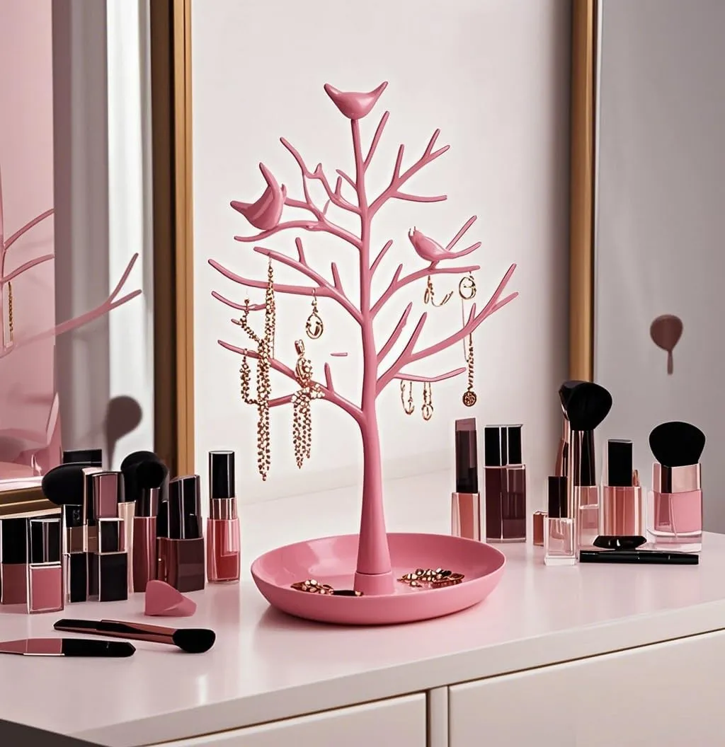ChezAbbey Jewelry Stand Necklace Tree - Earring Organizer Holder Plastic Birds Tree Display with Tray Antique Bracelet Rings Rack Tower Decoration for Women Girl Pink 11.8 Inch
