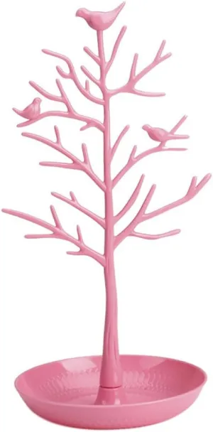ChezAbbey Jewelry Stand Necklace Tree - Earring Organizer Holder Plastic Birds Tree Display with Tray Antique Bracelet Rings Rack Tower Decoration for Women Girl Pink 11.8 Inch