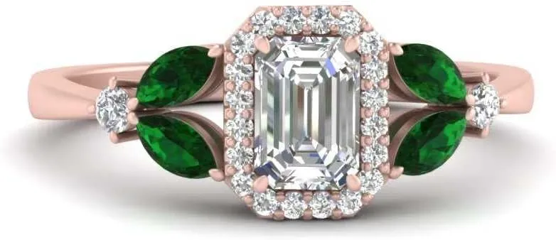 Choose Your Gemstone Marquise Accent Halo Diamond CZ Ring Rose Gold Plated Emerald Shape Vintage Engagement Rings Minimal Modern Design Birthday Gift Wedding Gift US Size 4 to 12