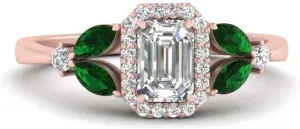 Choose Your Gemstone Marquise Accent Halo Diamond CZ Ring Rose Gold Plated Emerald Shape Vintage Engagement Rings Minimal Modern Design Birthday Gift Wedding Gift US Size 4 to 12