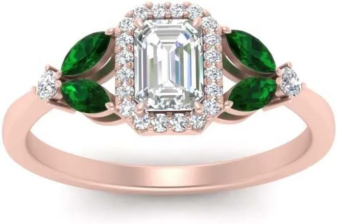 Choose Your Gemstone Marquise Accent Halo Diamond CZ Ring Rose Gold Plated Emerald Shape Vintage Engagement Rings Minimal Modern Design Birthday Gift Wedding Gift US Size 4 to 12