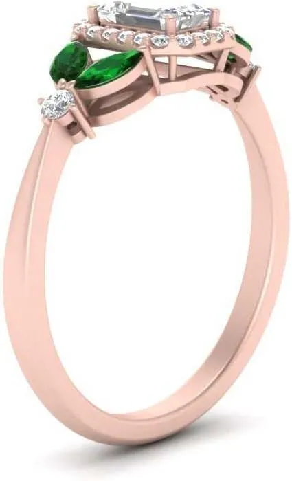 Choose Your Gemstone Marquise Accent Halo Diamond CZ Ring Rose Gold Plated Emerald Shape Vintage Engagement Rings Minimal Modern Design Birthday Gift Wedding Gift US Size 4 to 12