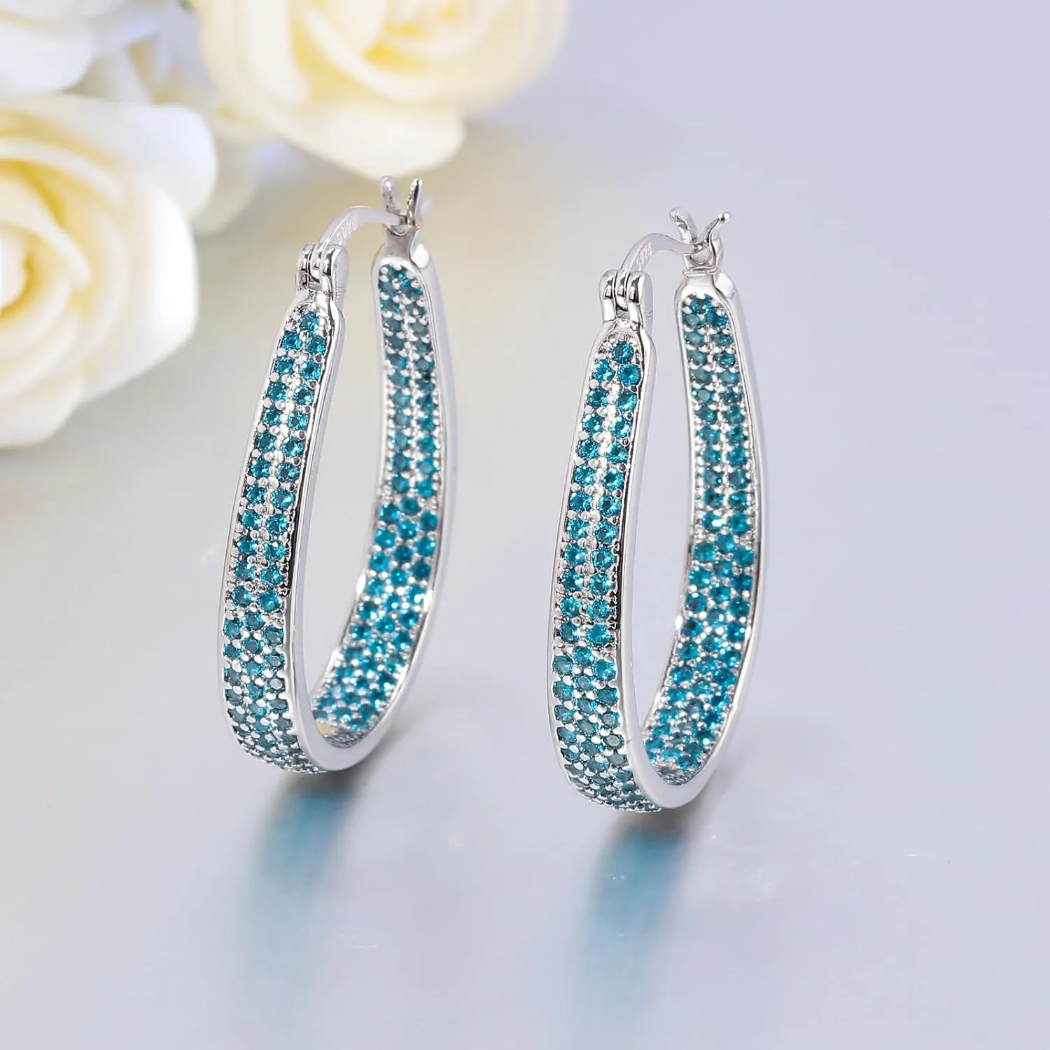 CiNily 925 Sterling Silver Post Hoop Earrings for Women Gilrs Multcolors Cubic Zircon Hoops 14K Gold Plated Oval Chunky Hoop Earrings Jewelry Gift for Mothers Day/July 4th/Wedding/Party/Christmas