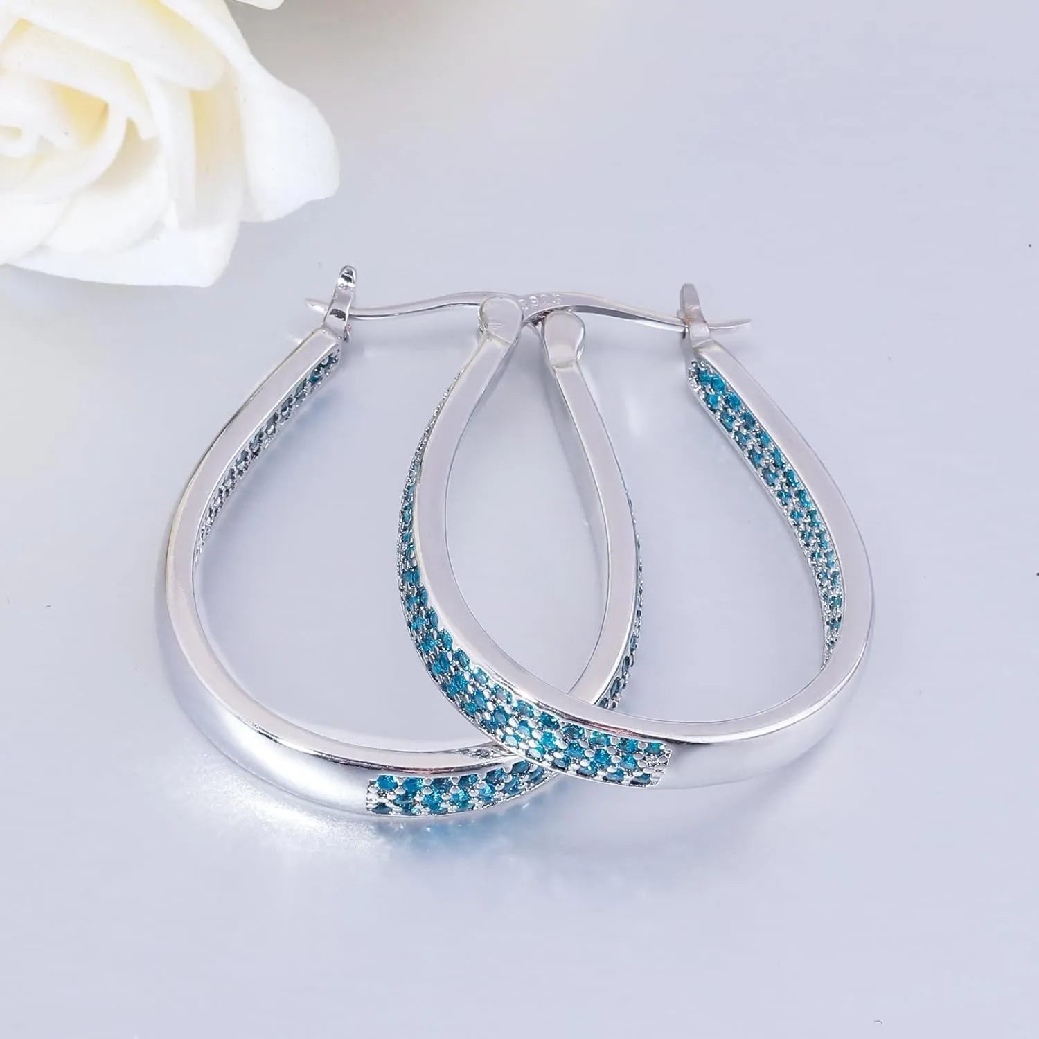 CiNily 925 Sterling Silver Post Hoop Earrings for Women Gilrs Multcolors Cubic Zircon Hoops 14K Gold Plated Oval Chunky Hoop Earrings Jewelry Gift for Mothers Day/July 4th/Wedding/Party/Christmas