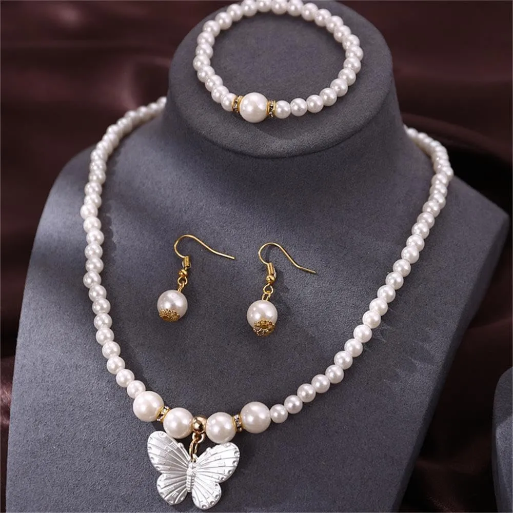Classic Faux Pearl Necklace Earrings Jewelry Set Vintage Butterfly Bow Pearl Necklace 1920s Gatsby Pearl Jewelry Set Prom Party for Women Girls