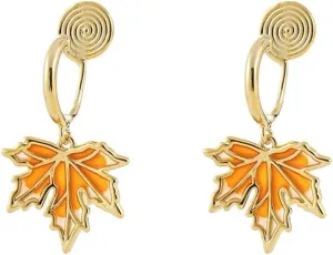 Clip On Maple Leaves Dangle Drop Fake Hoop Earrings for Women No Piercings Ear Dainty Elegant Gold Plated Enamel Autumn Leaf Cuff Wrap Earring Fashion Jewelry Gifts for Birthday Hypoallergenic
