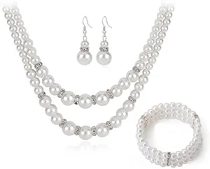 COLORFUL BLING 1920s Classic Faux Pearls Necklace Multi-Layer Strand Bracelet Dangle Earrings Set Beads Accessories Wedding Costume Party Jewelry for Women-A