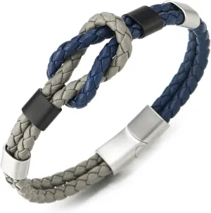COOLSTEELANDBEYOND Friendship Nautical Knot Leather Bracelet for Men Women, Dual-Tone in Navy and Grey, Wristband